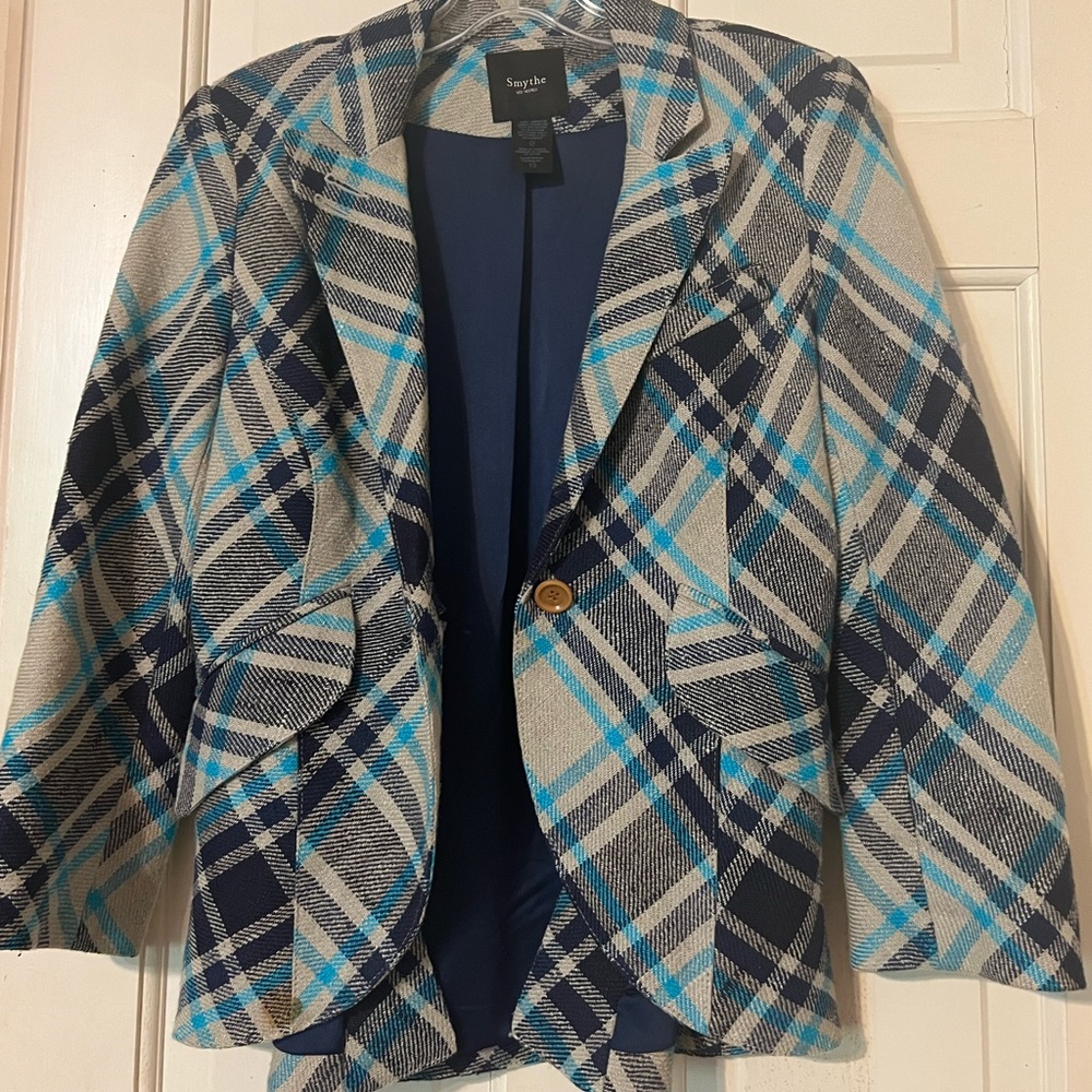 Smythe Plaid Linen Equestrian Blazer, Size 10